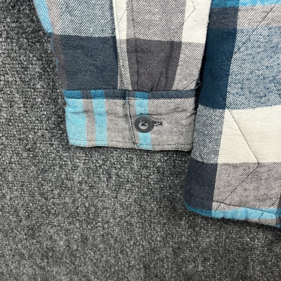 Vintage 90s Y2K OP Shacket Mens L Flannel Plaid Hoodie Quilted Blue Gray Skiwear - Picture 7 of 14